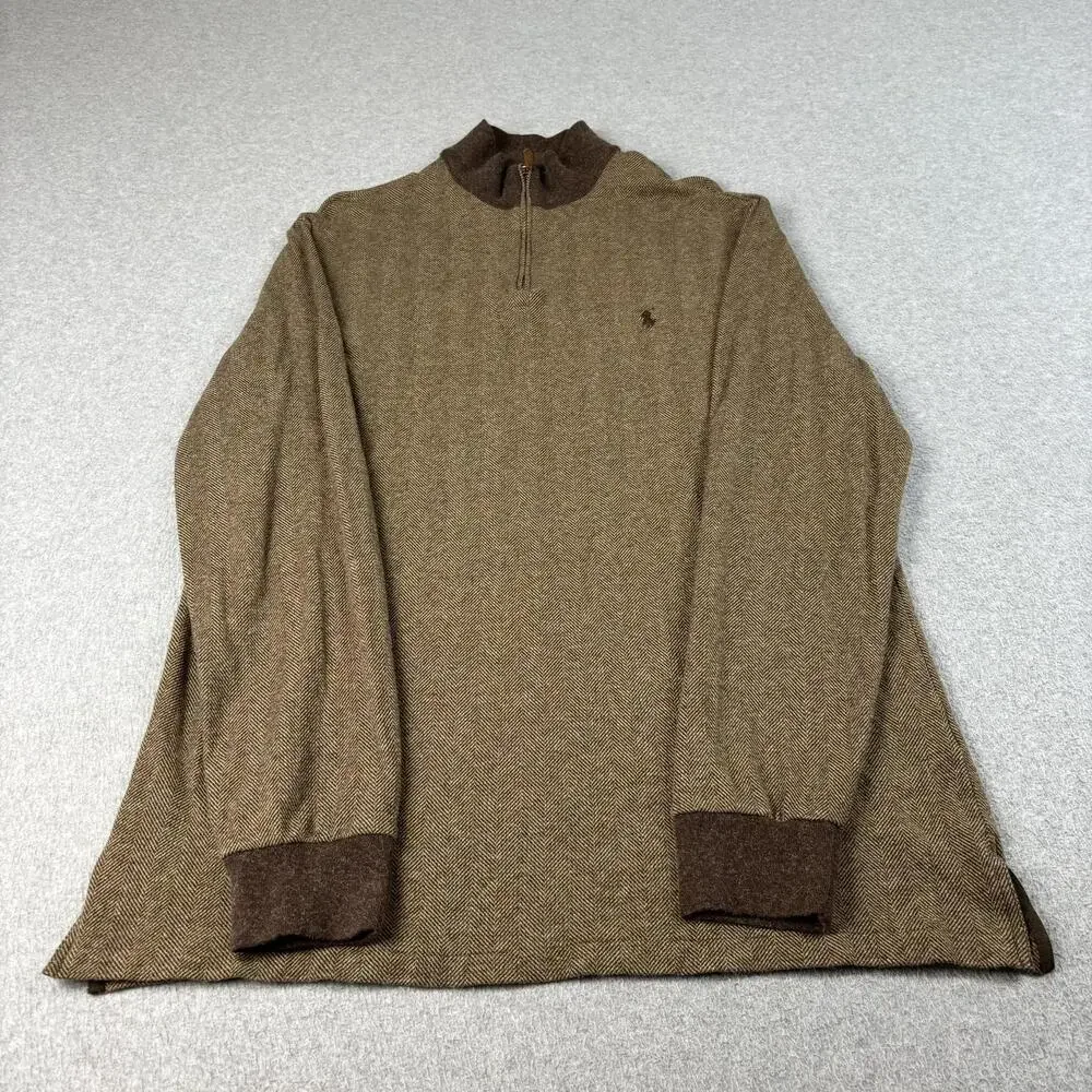 Polo Golf Ralph Lauren Sweater Men Large Brown 1/4 Zip Mock Neck Heritage Classi